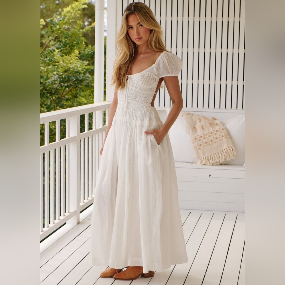 Free People White Midi Puff Sleeve Maxi Dress